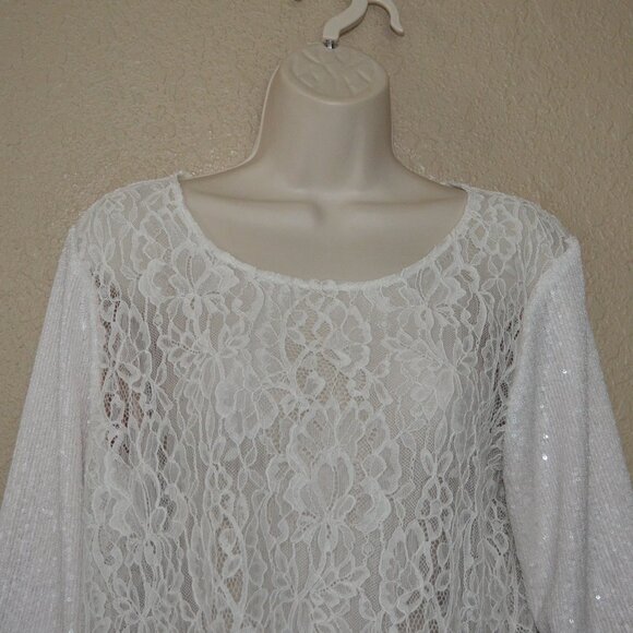 Sz 4 Loyd/Ford White Lace Top Contrast Sequin 3/4 Sleeve Blouse Top - Picture 2 of 7